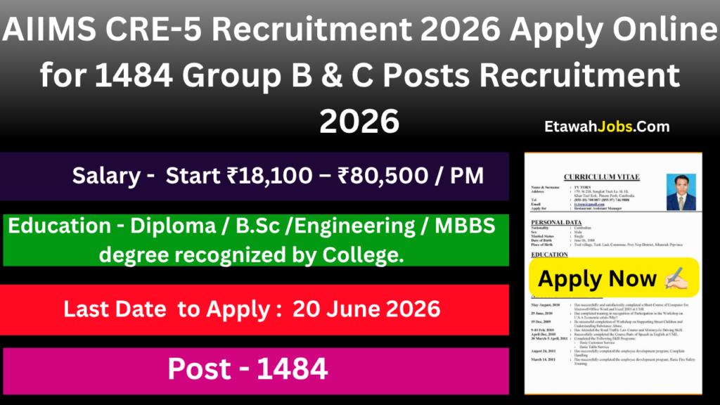 AIIMS CRE-5 Recruitment 2026 Apply Online for 1484 Group B & C Posts